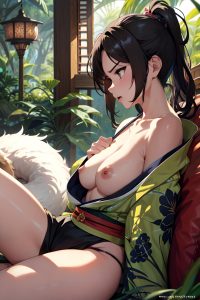 anime,muscular,small tits,80s age,angry face,brunette,messy hair style,light skin,black and white,jungle,side view,sleeping,kimono