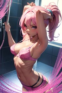 anime,muscular,small tits,70s age,ahegao face,pink hair,ponytail hair style,dark skin,3d,shower,close-up view,jumping,bra