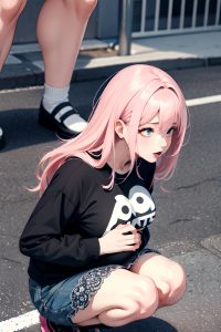 anime,pregnant,small tits,50s age,ahegao face,pink hair,bangs hair style,dark skin,black and white,street,close-up view,squatting,goth