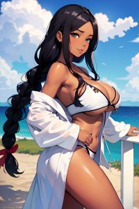 anime,skinny,huge boobs,70s age,happy face,black hair,braided hair style,dark skin,soft anime,meadow,front view,gaming,bathrobe