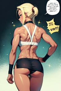 anime,skinny,small tits,70s age,happy face,blonde,slicked hair style,dark skin,comic,club,back view,working out,mini skirt