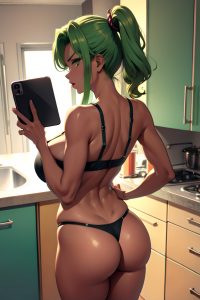 anime,skinny,huge boobs,80s age,angry face,green hair,slicked hair style,dark skin,mirror selfie,kitchen,back view,spreading legs,bra