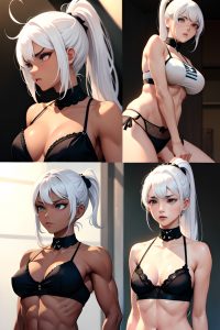 anime,muscular,small tits,60s age,angry face,white hair,ponytail hair style,dark skin,soft + warm,strip club,side view,working out,lingerie