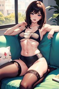 anime,muscular,small tits,60s age,ahegao face,brunette,bangs hair style,light skin,watercolor,couch,side view,yoga,stockings