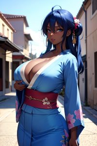 anime,skinny,huge boobs,40s age,orgasm face,blue hair,messy hair style,dark skin,soft + warm,car,front view,t-pose,kimono
