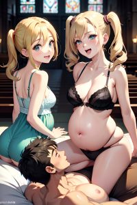 anime,pregnant,small tits,60s age,laughing face,blonde,pigtails hair style,light skin,dark fantasy,church,back view,straddling,bra