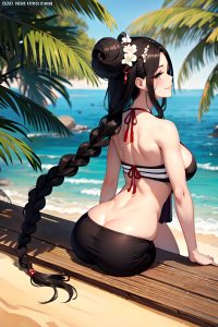 anime,skinny,huge boobs,60s age,laughing face,brunette,braided hair style,light skin,black and white,beach,back view,plank,geisha