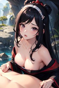 anime,busty,small tits,18 age,shocked face,black hair,slicked hair style,dark skin,soft + warm,cave,close-up view,massage,geisha