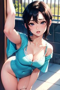 anime,busty,small tits,50s age,seductive face,black hair,pixie hair style,light skin,warm anime,oasis,front view,bending over,lingerie