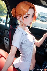 anime,skinny,small tits,60s age,ahegao face,ginger,slicked hair style,light skin,mirror selfie,car,back view,t-pose,schoolgirl