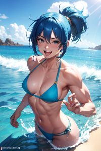 anime,muscular,small tits,18 age,laughing face,blue hair,messy hair style,light skin,3d,desert,front view,bathing,bikini