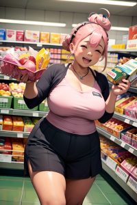 anime,chubby,small tits,20s age,laughing face,pink hair,hair bun hair style,dark skin,warm anime,grocery,front view,gaming,teacher