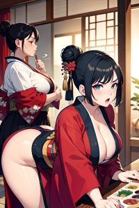 anime,chubby,huge boobs,20s age,angry face,black hair,hair bun hair style,dark skin,painting,party,side view,bending over,kimono