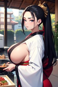 anime,busty,huge boobs,18 age,serious face,black hair,slicked hair style,light skin,soft anime,street,back view,cooking,kimono