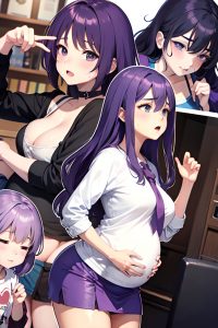 anime,pregnant,small tits,20s age,shocked face,purple hair,messy hair style,light skin,skin detail (beta),club,side view,sleeping,mini skirt