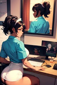 anime,busty,huge boobs,80s age,shocked face,black hair,pixie hair style,dark skin,warm anime,party,back view,gaming,nurse