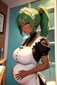 anime,pregnant,small tits,60s age,shocked face,green hair,ponytail hair style,dark skin,comic,stage,side view,gaming,maid
