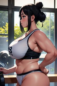 anime,chubby,huge boobs,40s age,sad face,black hair,hair bun hair style,dark skin,film photo,gym,side view,jumping,bra
