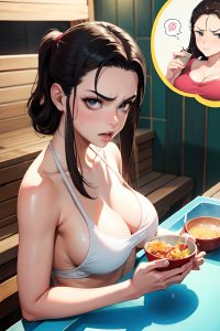 anime,busty,small tits,80s age,angry face,brunette,slicked hair style,light skin,watercolor,sauna,close-up view,eating,latex