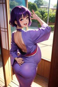 anime,pregnant,small tits,80s age,laughing face,purple hair,bangs hair style,light skin,soft anime,shower,back view,yoga,kimono