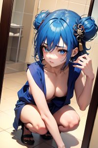 anime,skinny,small tits,20s age,sad face,blue hair,messy hair style,light skin,mirror selfie,shower,close-up view,squatting,geisha