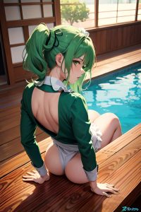 anime,busty,small tits,20s age,seductive face,green hair,messy hair style,light skin,illustration,pool,back view,bending over,maid