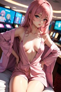 anime,skinny,small tits,18 age,pouting lips face,pink hair,messy hair style,light skin,warm anime,casino,front view,straddling,pajamas