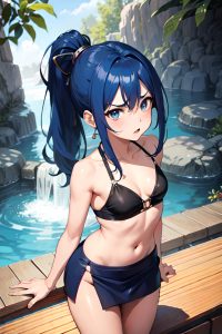 anime,busty,small tits,30s age,angry face,blue hair,ponytail hair style,dark skin,soft anime,onsen,side view,bending over,mini skirt