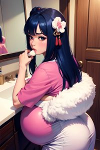 anime,pregnant,huge boobs,60s age,pouting lips face,blue hair,straight hair style,dark skin,soft + warm,bathroom,back view,eating,geisha