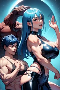 anime,muscular,huge boobs,18 age,laughing face,blue hair,straight hair style,dark skin,illustration,party,side view,yoga,latex