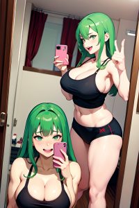 anime,muscular,huge boobs,50s age,laughing face,green hair,straight hair style,light skin,mirror selfie,changing room,side view,cumshot,schoolgirl
