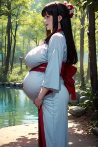 anime,pregnant,huge boobs,70s age,laughing face,brunette,bangs hair style,light skin,film photo,forest,side view,bathing,kimono