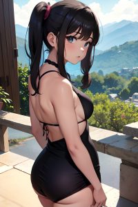 anime,chubby,small tits,60s age,serious face,brunette,pigtails hair style,dark skin,charcoal,mountains,back view,cumshot,goth