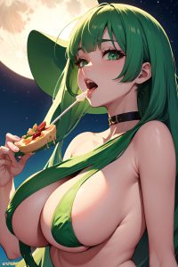 anime,skinny,huge boobs,40s age,ahegao face,green hair,bangs hair style,dark skin,illustration,moon,front view,eating,partially nude