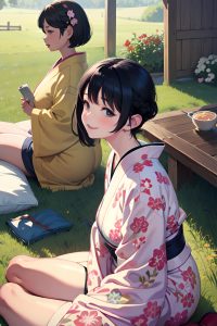 anime,chubby,small tits,50s age,happy face,black hair,pixie hair style,light skin,soft + warm,meadow,side view,straddling,kimono