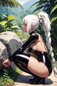 anime,busty,small tits,60s age,seductive face,white hair,braided hair style,dark skin,black and white,jungle,side view,squatting,latex