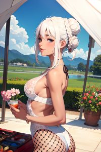 anime,busty,small tits,50s age,happy face,white hair,hair bun hair style,dark skin,watercolor,tent,side view,on back,fishnet