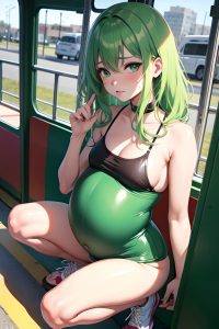 anime,pregnant,small tits,18 age,sad face,green hair,messy hair style,light skin,illustration,bus,close-up view,squatting,latex