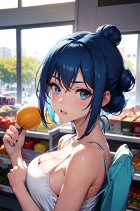 anime,busty,small tits,20s age,serious face,blue hair,hair bun hair style,dark skin,soft anime,grocery,close-up view,on back,schoolgirl