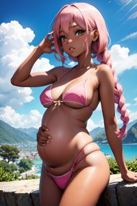 anime,pregnant,small tits,60s age,pouting lips face,pink hair,braided hair style,dark skin,crisp anime,mountains,front view,plank,bikini