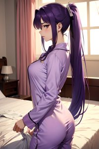 anime,skinny,small tits,20s age,sad face,purple hair,ponytail hair style,light skin,soft + warm,hospital,side view,on back,pajamas