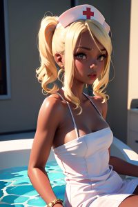 anime,skinny,small tits,60s age,pouting lips face,blonde,pigtails hair style,dark skin,3d,oasis,front view,bathing,nurse