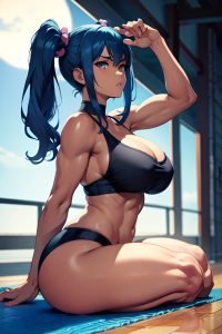 anime,muscular,huge boobs,40s age,serious face,blue hair,pigtails hair style,dark skin,charcoal,moon,side view,yoga,teacher