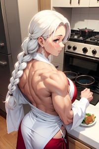 anime,muscular,huge boobs,40s age,happy face,white hair,braided hair style,light skin,black and white,gym,back view,cooking,bathrobe
