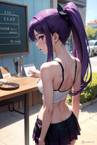 anime,skinny,small tits,40s age,shocked face,purple hair,ponytail hair style,dark skin,painting,bar,back view,t-pose,mini skirt