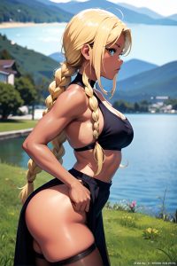 anime,busty,small tits,18 age,serious face,blonde,braided hair style,dark skin,film photo,lake,side view,working out,stockings