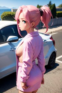 anime,busty,small tits,18 age,pouting lips face,pink hair,ponytail hair style,dark skin,3d,car,back view,t-pose,bathrobe