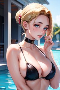 anime,muscular,huge boobs,30s age,angry face,ginger,bobcut hair style,light skin,film photo,church,front view,bathing,bra