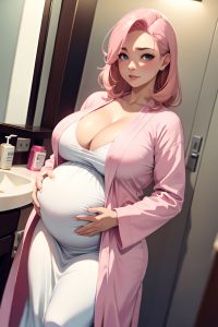 anime,pregnant,huge boobs,50s age,sad face,pink hair,slicked hair style,light skin,film photo,bathroom,front view,eating,bathrobe