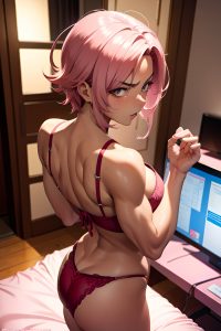 anime,muscular,small tits,40s age,angry face,pink hair,pixie hair style,dark skin,soft anime,bedroom,back view,gaming,lingerie